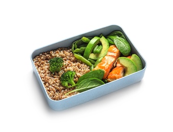 Container with natural protein food on white background