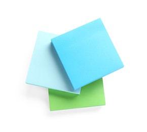 Blank colorful sticky notes on white background, top view