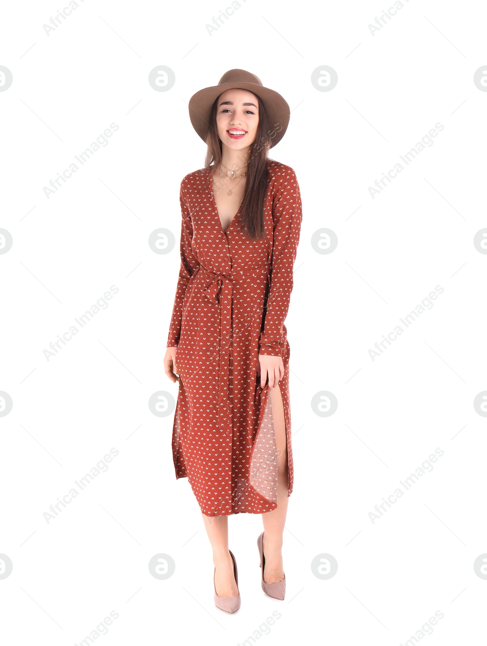 Photo of Portrait of beautiful young woman in stylish dress on white background