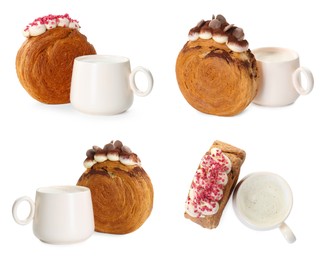 Image of Collection of round croissants and drink isolated on white, top and side views. Puff pastry