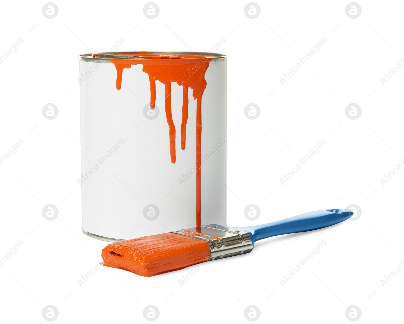 Photo of Can of orange paint and brush on white background