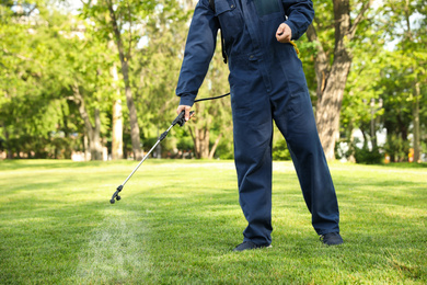 Photo of Worker spraying pesticide onto green lawn outdoors, closeup. Pest control