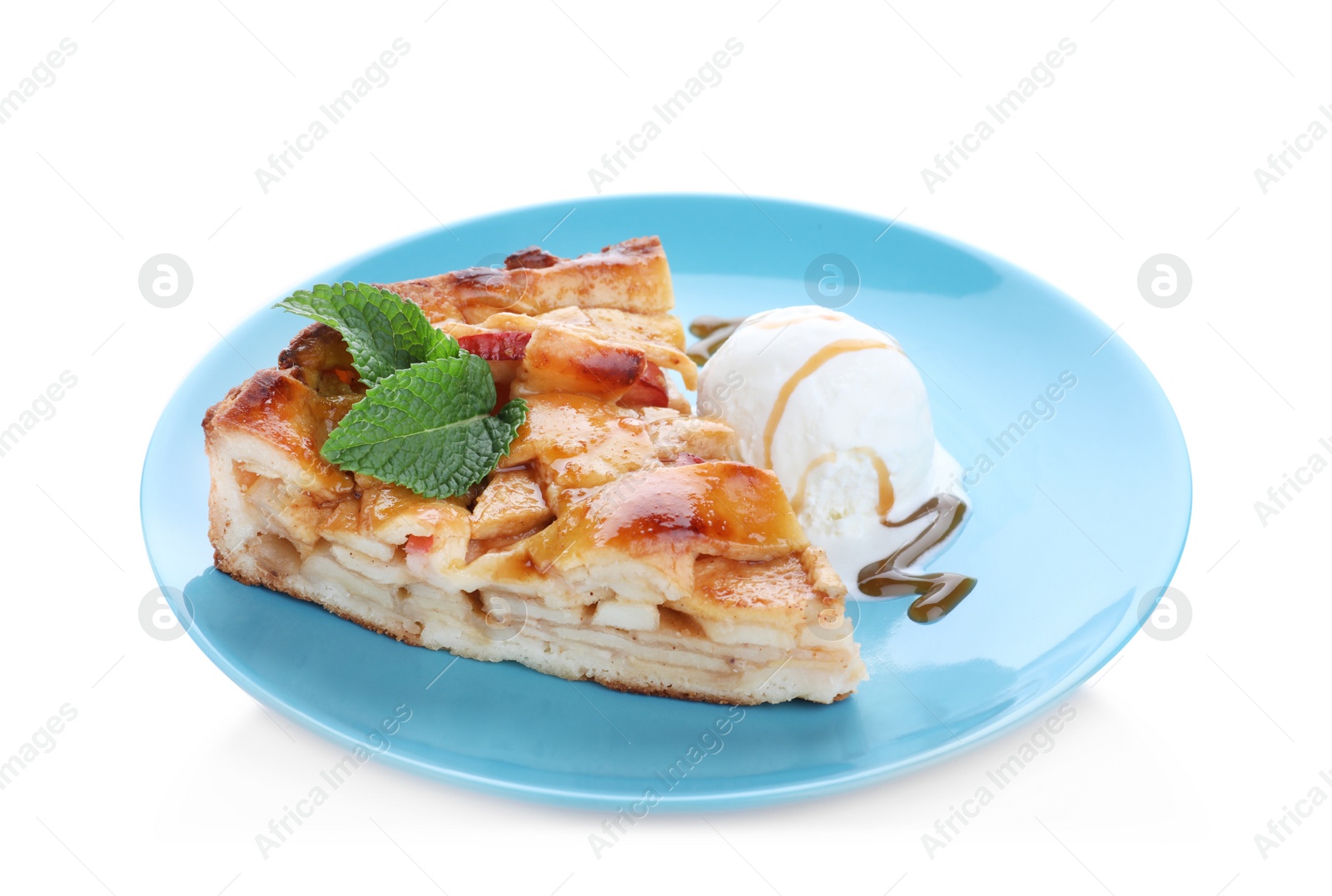 Photo of Slice of traditional apple pie with ice cream and mint isolated on white
