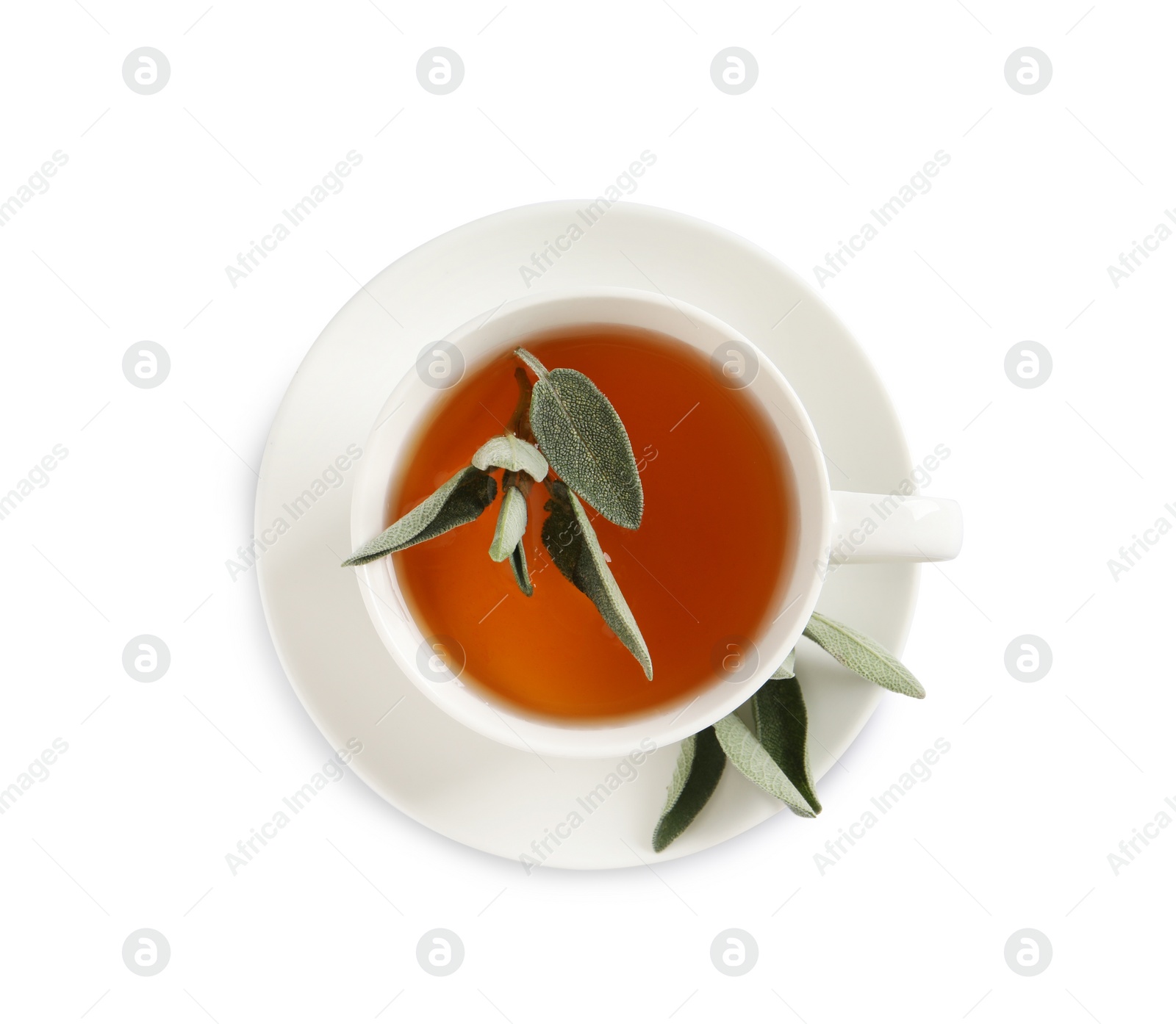 Photo of Cup of aromatic sage tea and fresh leaves isolated on white, top view