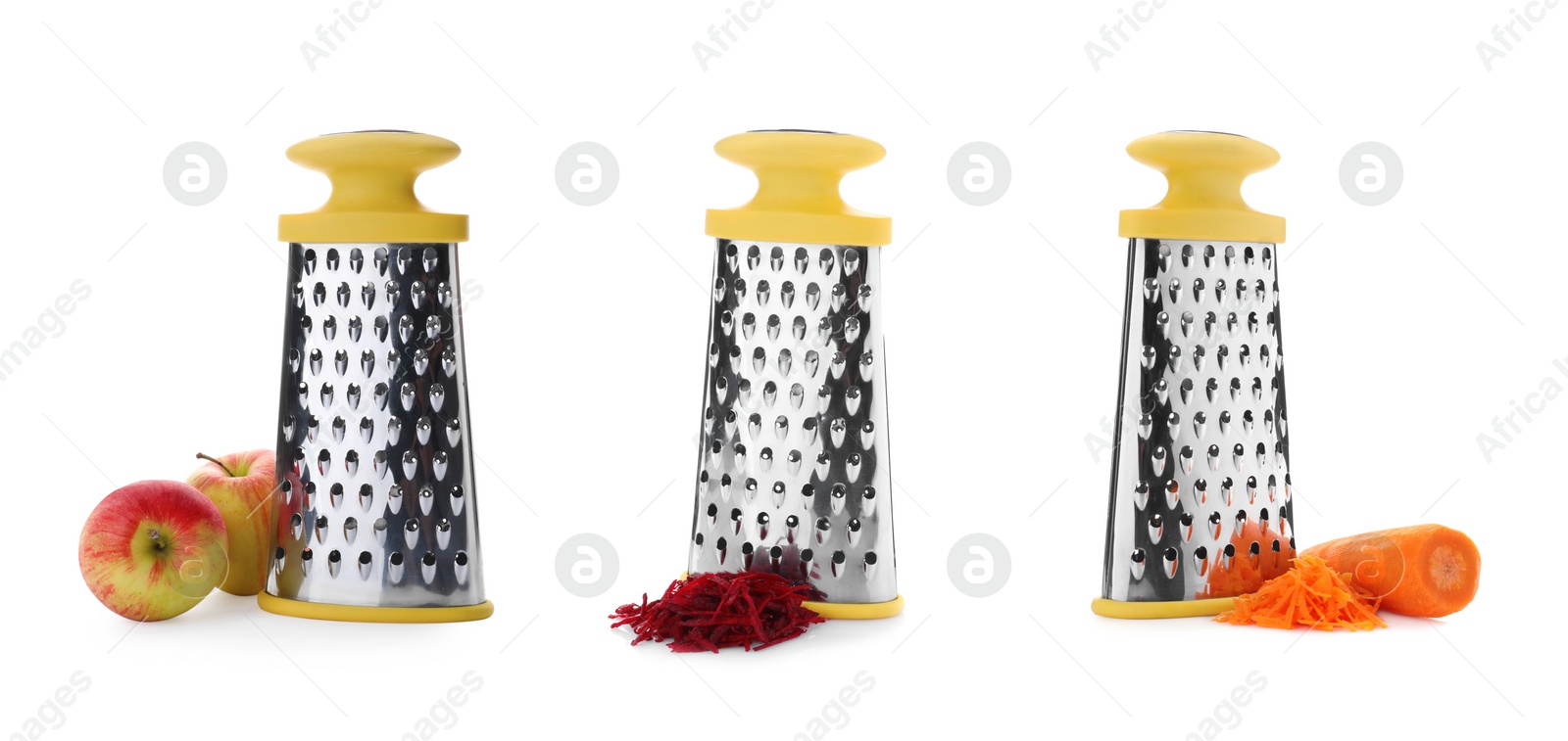 Image of Set with stainless steel graters and fresh products on white background. Banner design