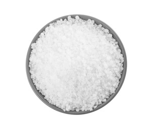 Photo of Natural sea salt in grey bowl isolated on white, top view