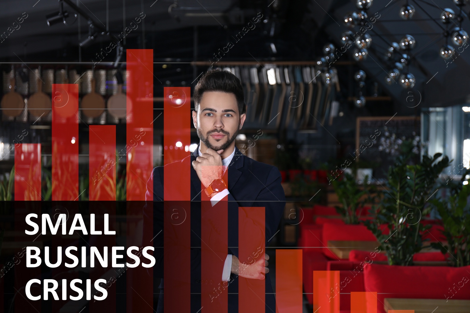 Image of Double exposure of young man in his cafe and falling down financial chart. Small business crisis during covid-19 outbreak