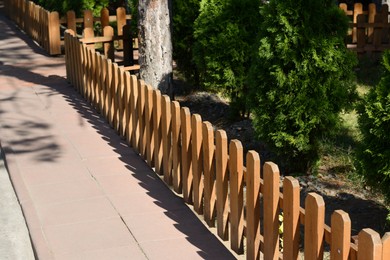 Photo of Small wooden fence near thujas on sunny day outdoors