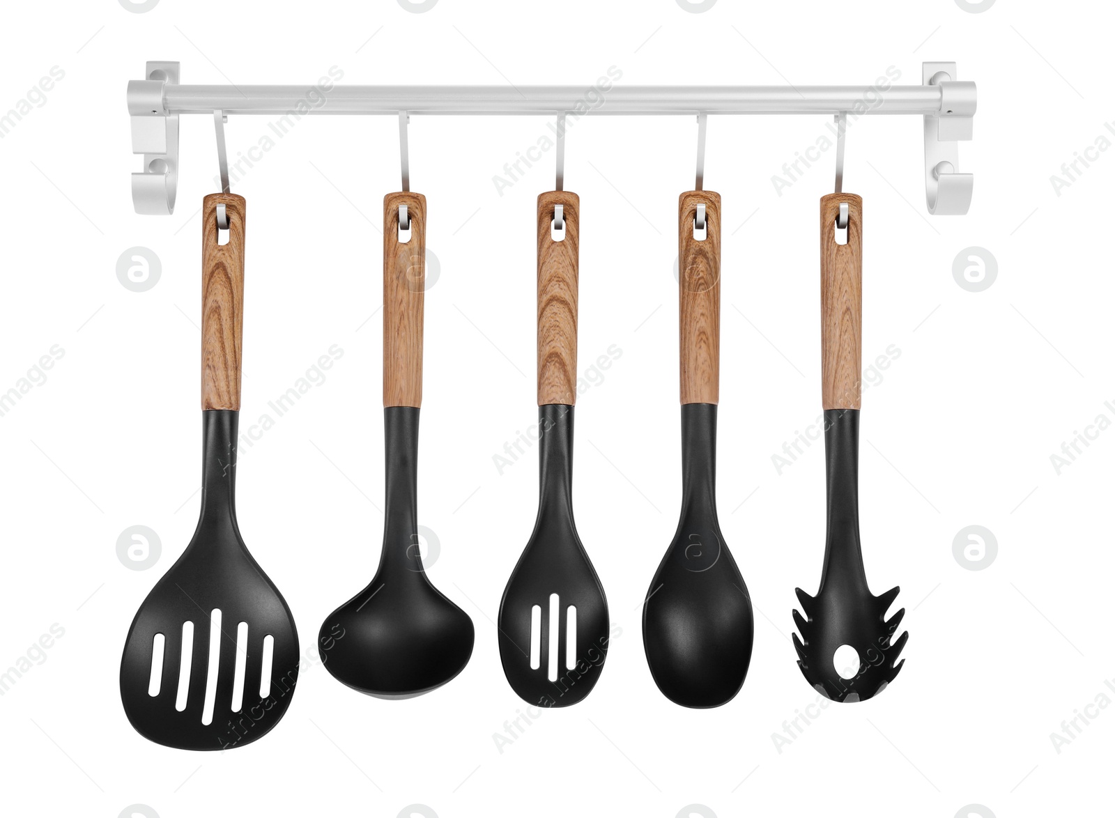 Photo of Metal rack with set of kitchen utensils on white background