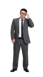 Photo of Tired businessman in suit wearing glasses on white background