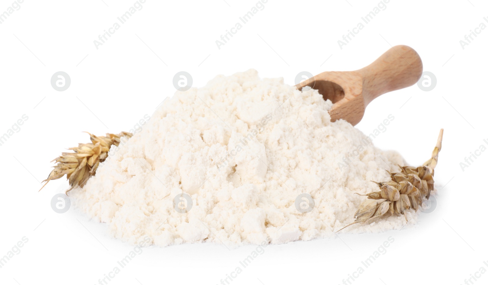 Photo of Pile of wheat flour and spikes isolated on white