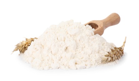 Photo of Pile of wheat flour and spikes isolated on white