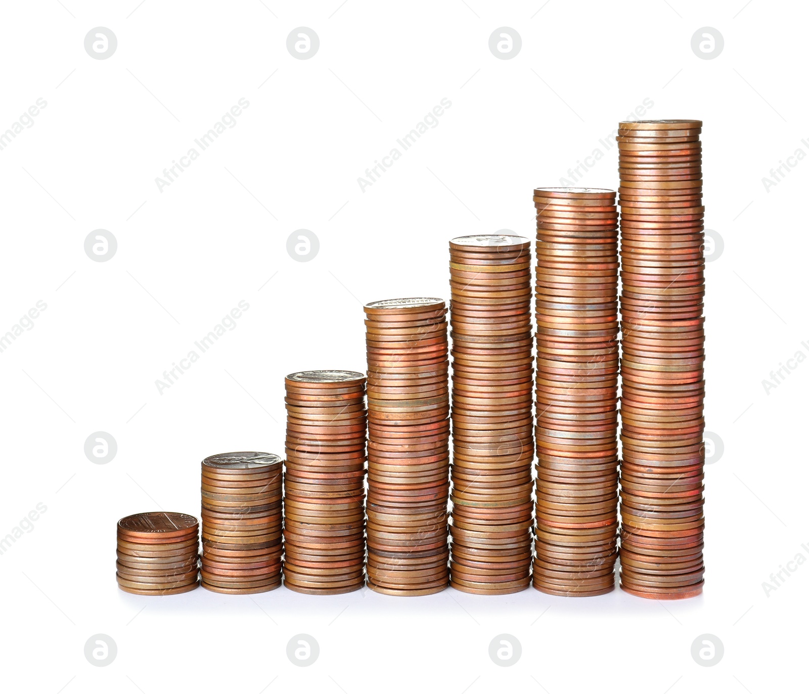 Photo of Stacked United States cent coins isolated on white