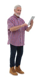 Senior man with tablet on white background
