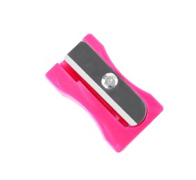 Photo of Plastic pink pencil sharpener isolated on white, top view