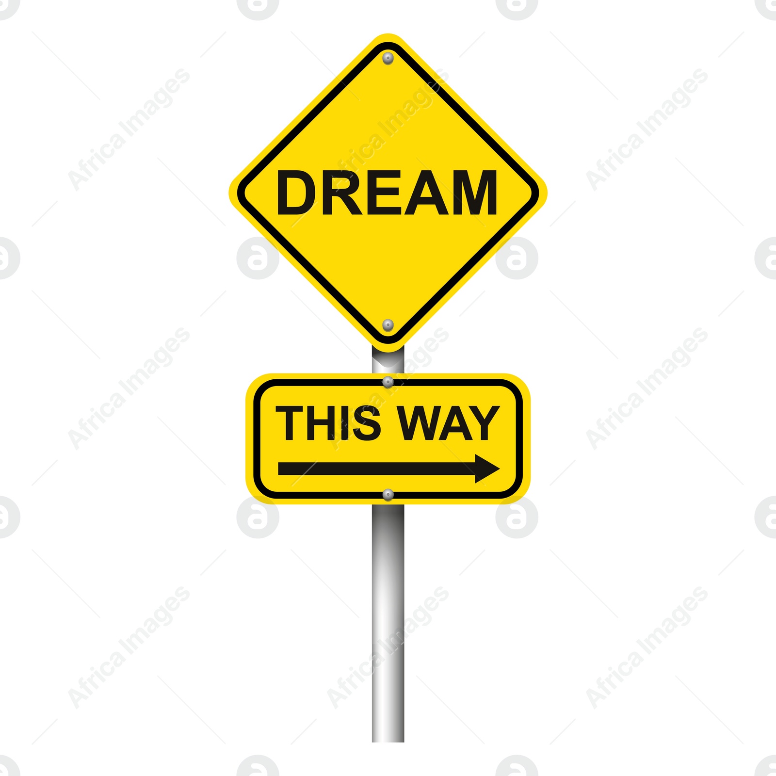 Illustration of Yellow road signpost with words Dream, This way and arrow on white background