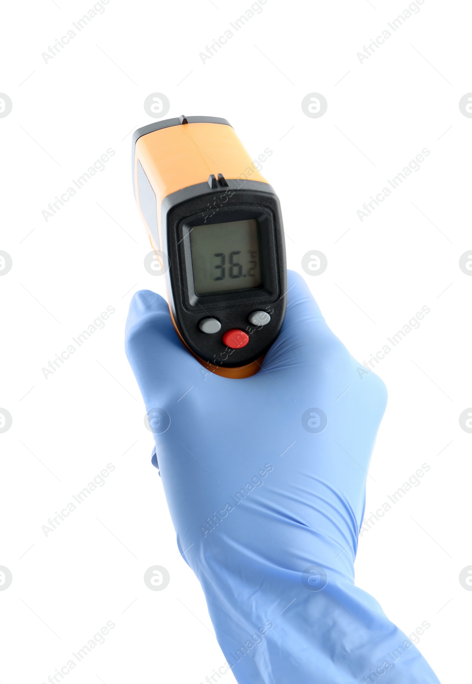 Photo of Doctor with infrared thermometer on white background, closeup. Checking temperature during Covid-19 pandemic