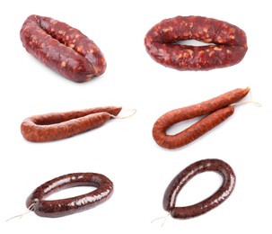 Image of Collage with different delicious sausages on white background, top and side views