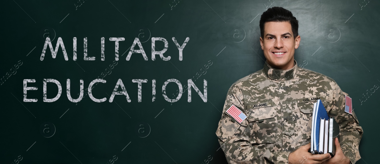 Image of Military education. Cadet with notebooks near green chalkboard
