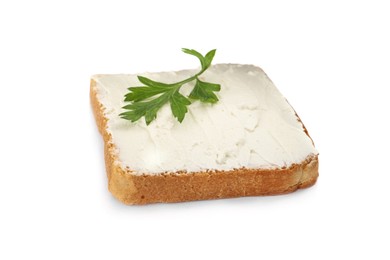Delicious sandwich with cream cheese and parsley isolated on white