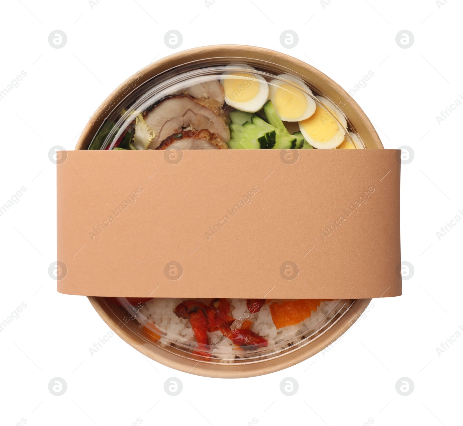 Photo of Tasty food in container isolated on white, top view
