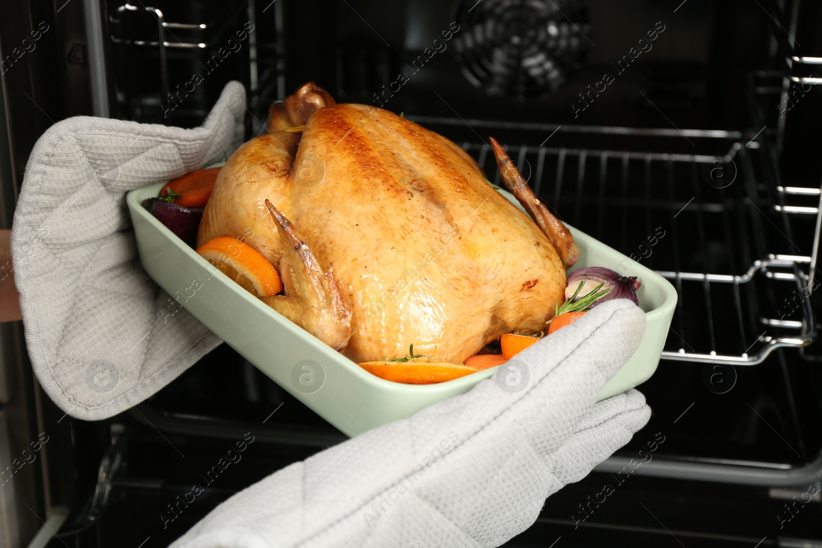 Photo of Woman taking baked chicken with oranges and vegetables out of oven, closeup