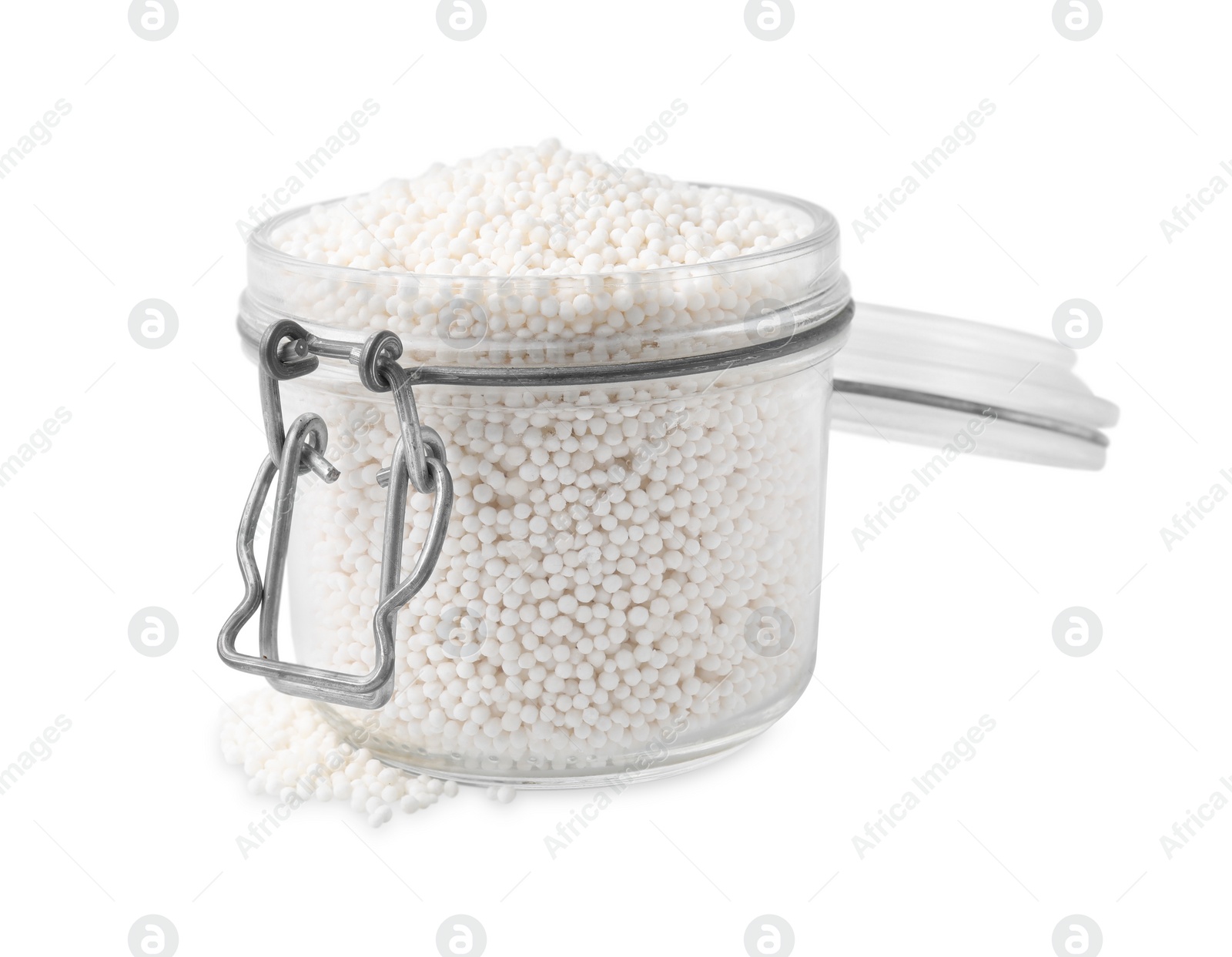 Photo of Tapioca pearls in jar isolated on white