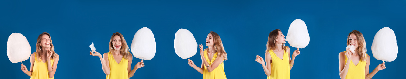 Collage with photos of young woman holding cotton candy on dark blue background. Banner design