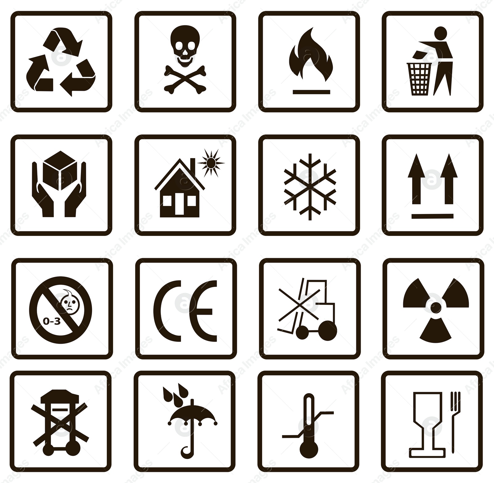 Image of Illustration of different packaging symbols on white background 