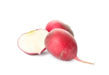 Photo of Cut and whole fresh ripe turnips on white background