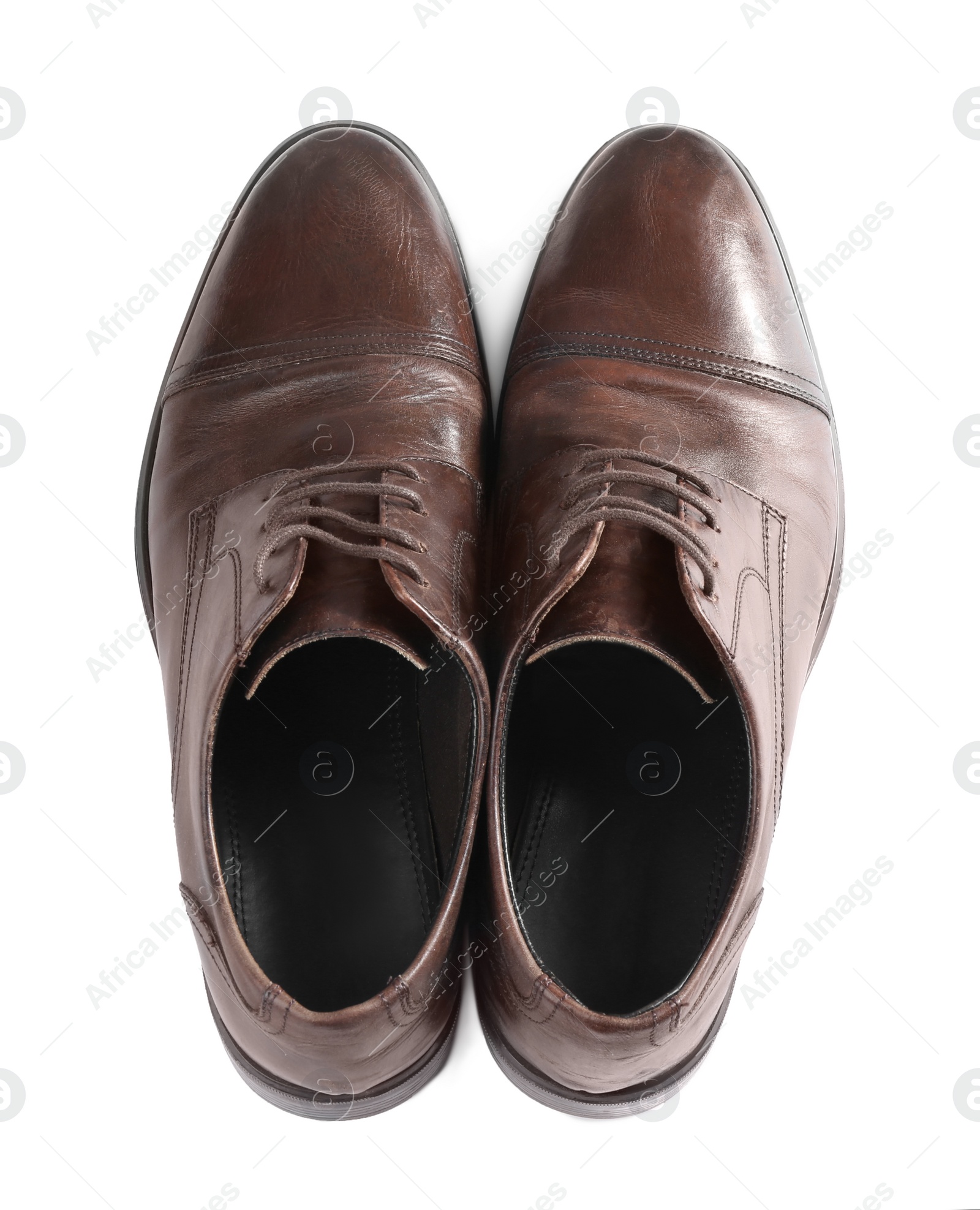 Photo of Pair of stylish leather shoes isolated on white, top view