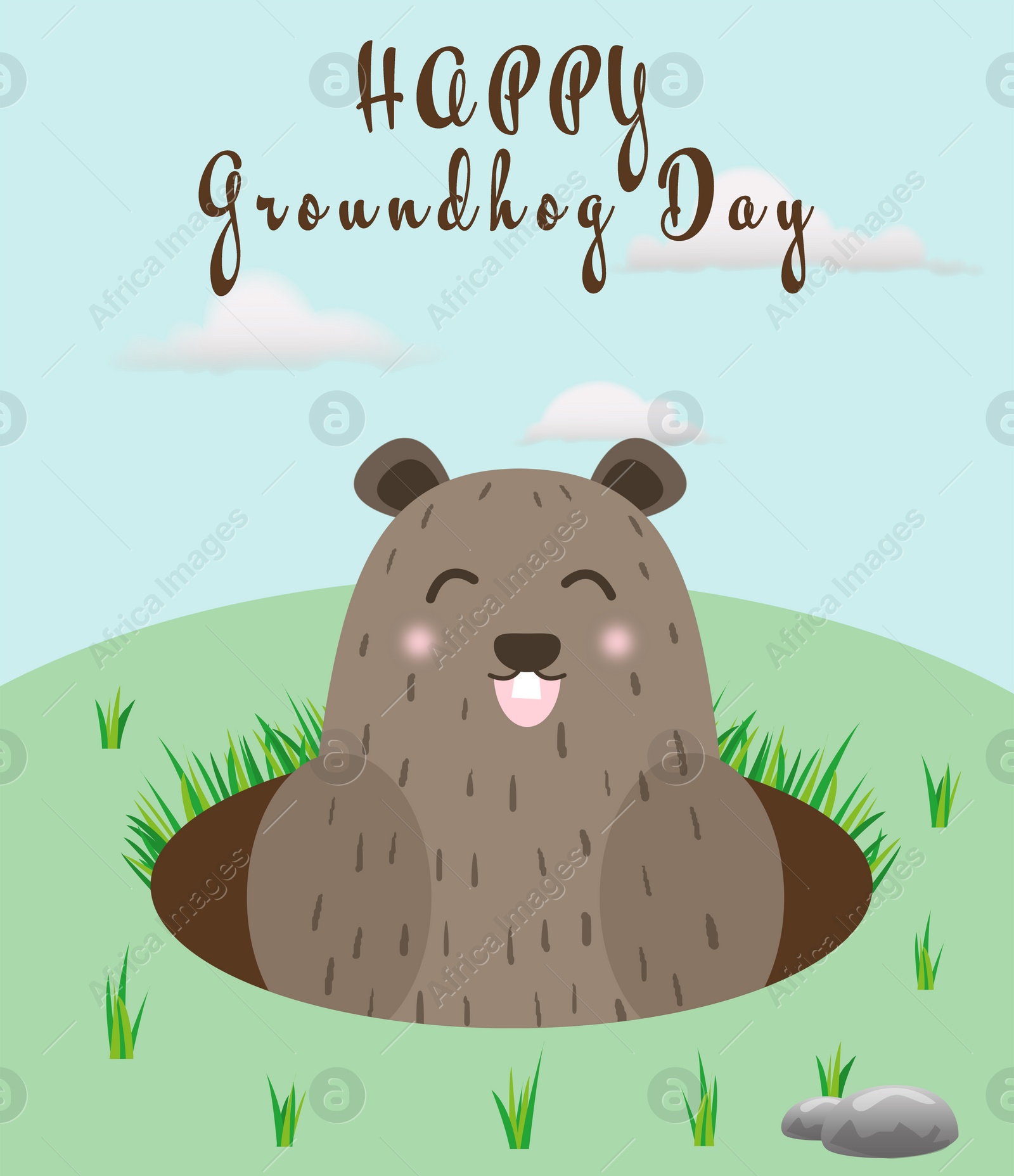 Illustration of Happy Groundhog Day greeting card with cute cartoon animal