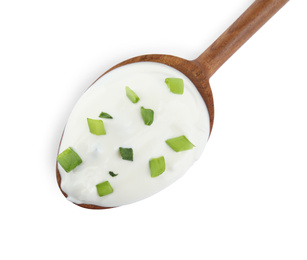 Fresh sour cream with onion on white background, top view