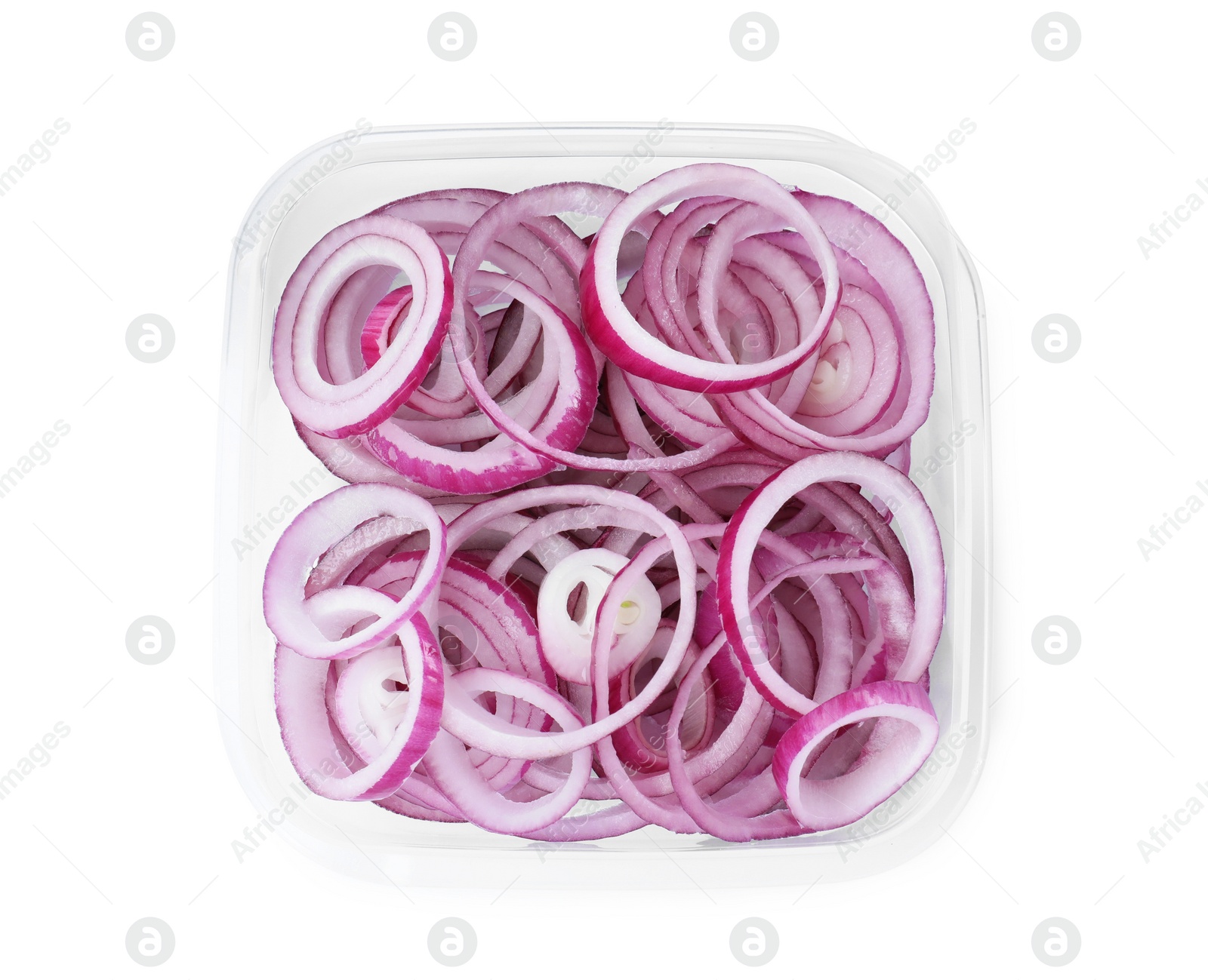 Photo of Fresh onion rings in plastic container isolated on white, top view