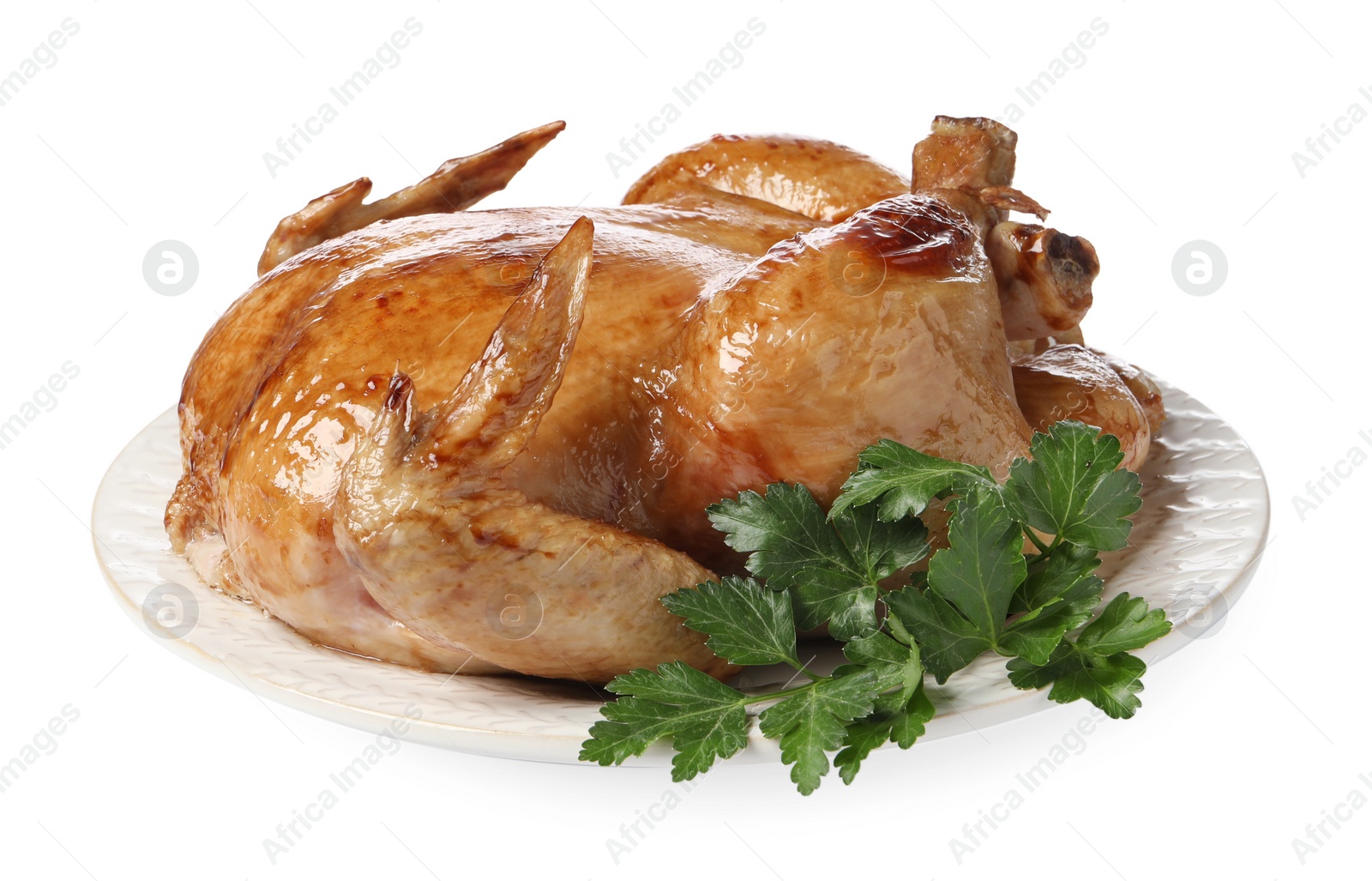 Photo of Tasty roasted chicken with parsley isolated on white