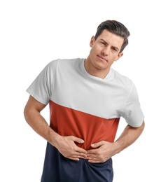 Photo of Young man suffering from abdominal pain on white background