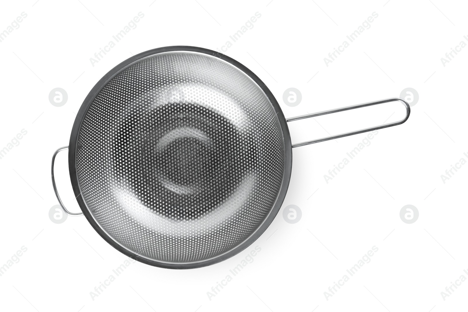 Photo of New clean sieve isolated on white, top view. Cooking utensils