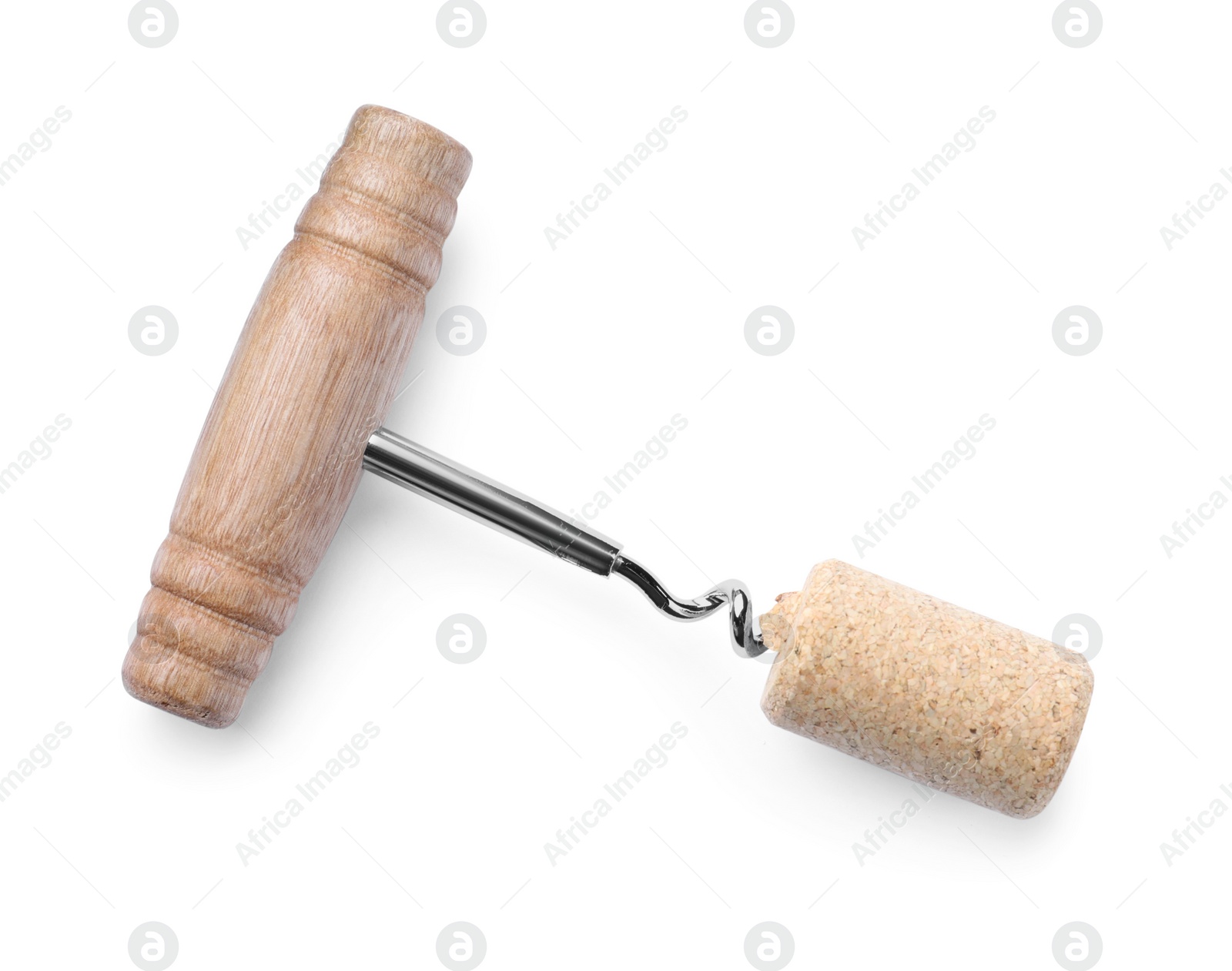 Photo of Corkscrew and wine bottle stopper isolated on white, top view