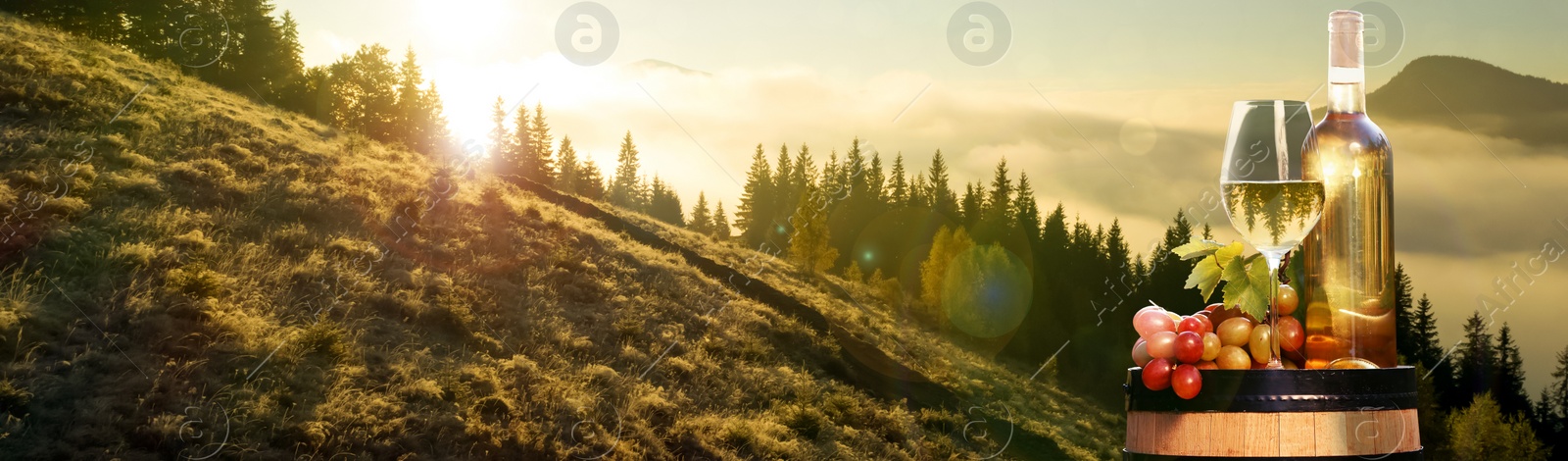 Image of Tasty wine and grapes on barrel against beautiful mountain landscape, space for text. Banner design