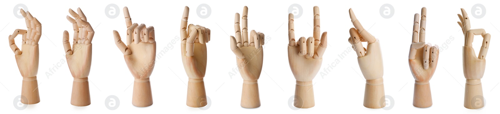 Image of Set with wooden hands of mannequins showing different gestures on white background. Banner design