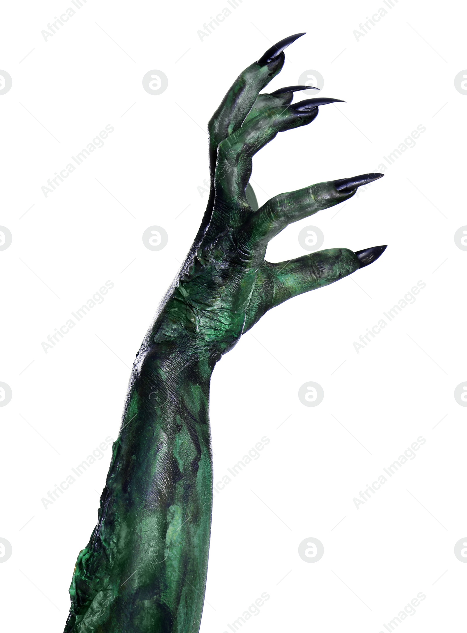 Photo of Scary monster on white background, closeup of hand. Halloween character