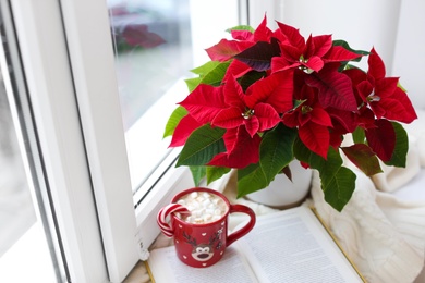 Photo of Beautiful poinsettia, cup of hot cocoa and book on window sill. Traditional Christmas flower