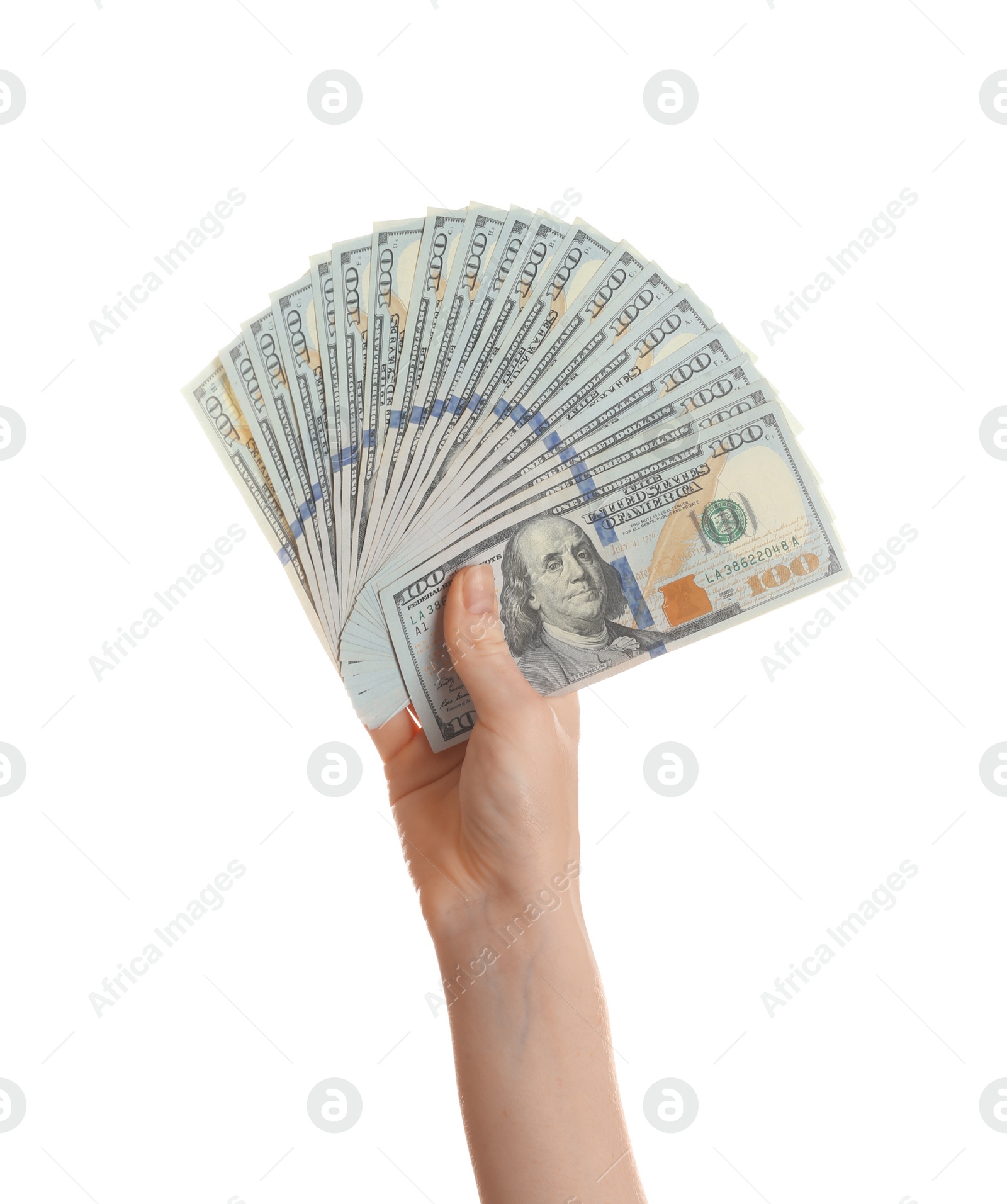 Photo of Woman with American money on white background, closeup