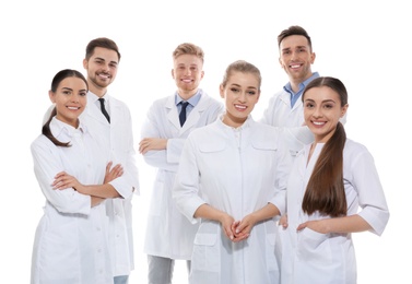 Photo of Group of medical doctors isolated on white. Unity concept
