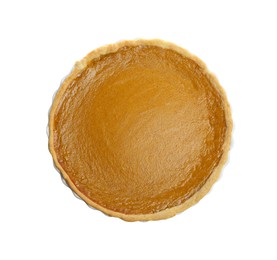 Photo of Tasty fresh pumpkin pie isolated on white, top view