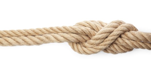 Hemp rope with knot isolated on white, top view