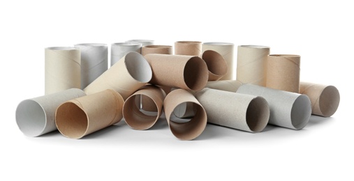 Photo of Empty toilet paper rolls on white background