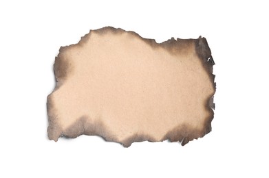 Photo of Piece of brown paper with dark burnt borders on white background, top view. Space for text