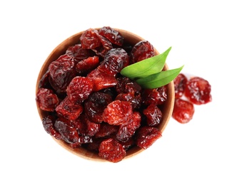 Photo of Bowl with cranberries on white background, top view. Dried fruit as healthy snack