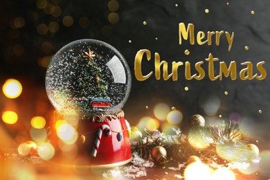 Image of Merry Christmas. Beautiful snow globe on dark background, bokeh effect